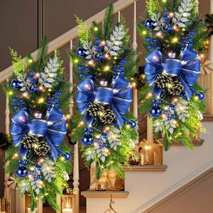 Lyrow 2 Pack Christmas Artificial Swags 24" Xmas The Cordless Prelit Stairway Swag Teardrop Trim Wreath Door Stair Garland Christmas Wreath for Outdoor Home Garden Decor (Blue Ribbon)