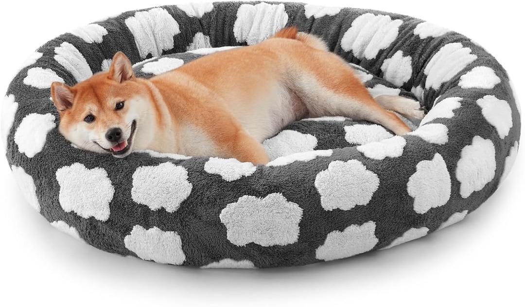 JOEJOY Donut Dog Bed Medium Size Dog, Cute Round Calming Pet Bed with Removable Washable Cover, Orthopedic Puppy Bed with Jacquard Shaggy Plush & Non Skid Bottom (Grey)