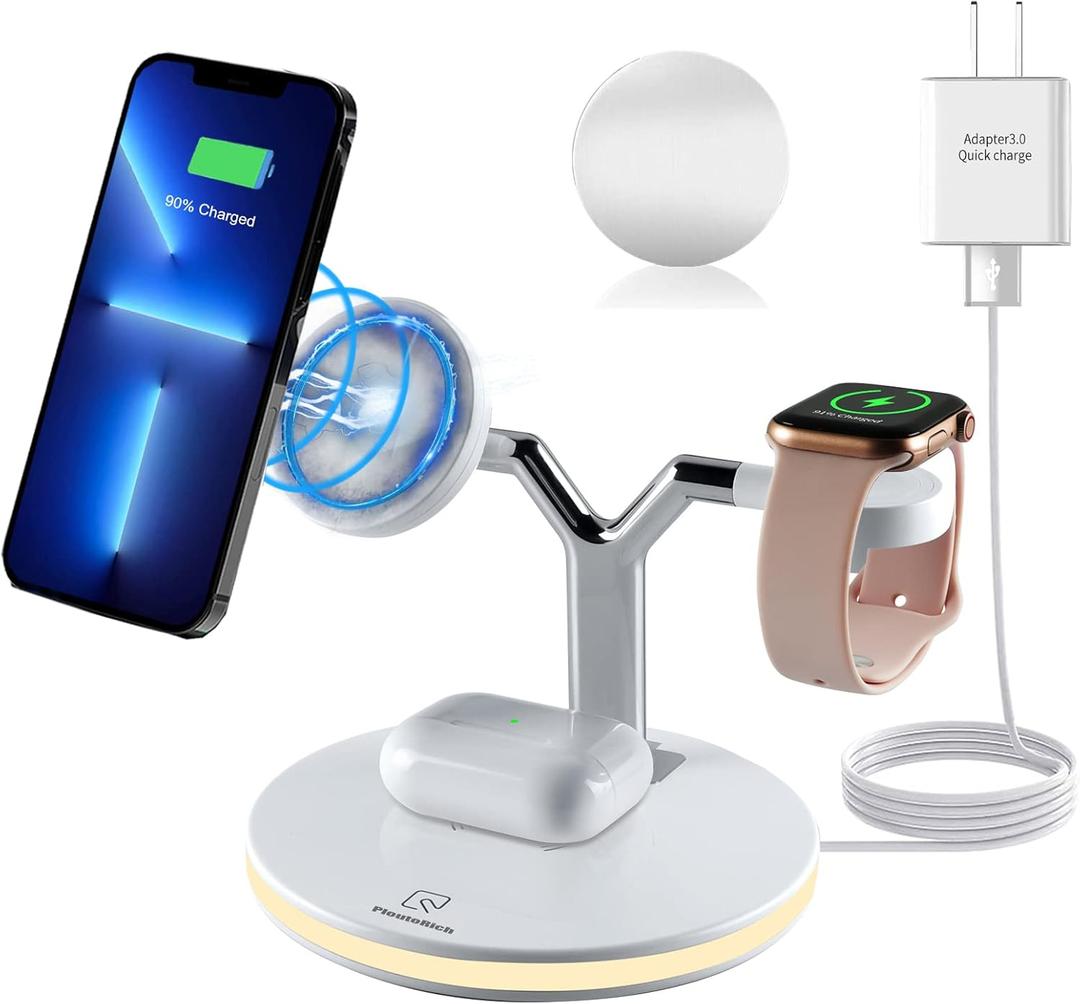 3 in 1 Mag-Safe Charger, Fast Charging Station for iPhone13/12/11/Mini/Pro/Pro Max/SE/Xs/8, Apple Watch SE/6/5/4/3/2, AirPods 2/Pro, Magnetic Wireless Charger Stand with Night Lamp