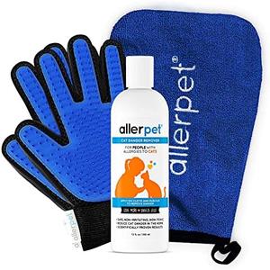 Allerpet Cat Dander Remover w/Free Pair of Grooming Gloves and Mitt - Effective Cat Dander Reduction, Anti Allergen Solution Made in USA - (12oz)