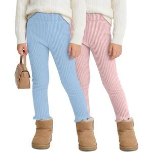 LessonZoo 2 Pack Girl's Ribbed Knit Leggings Cotton Blend Tights Ruffle Bottoms Trousers Fall Winter Clothes, Size: 4-5T
