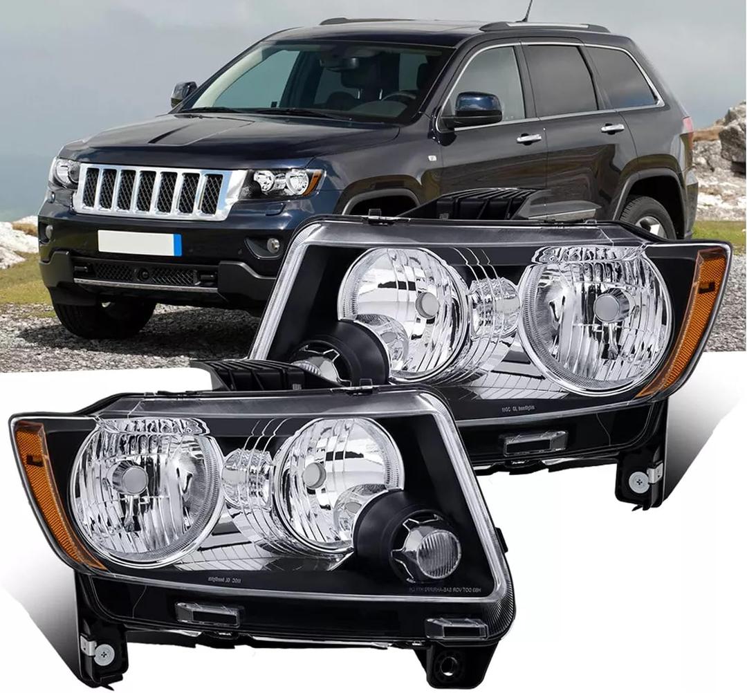 MOSTPLUS Headlight Assembly Compatible for 2011-2013 Jeep Grand Cherokee / 2011-2017 Compass Front Lamp Black Housing Clear Lens Amber Corner (set of 2)
