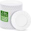 U-QE 100 Count White Plastic Plates for Party - 7 Inch Scalloped Dessert Plates Disposable Heavy Duty - Premium Hard Plastic Appetizer/Cake Plates for Party, Wedding, BBQ, Picnic and Graduation
