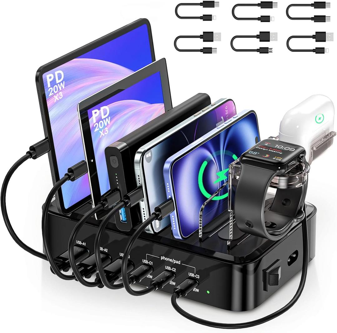 Phone Charging Station for Multiple Devices - 90W 6 Port Charging Station Organizer, 3PD 20W USB-C Fast Charging Dock for iPhones/iPads/Tablet/Kindles with 6 Mixed Cables, Air pod& Watch Holder