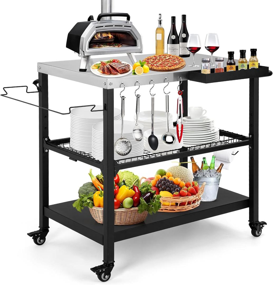 Outdoor Grill Cart,36 Inch Stainless Steel Pizza Oven Table with Lockable Wheels, Hooks & Adjustable Mesh, Metal Kitchen Cart Island, Black(36.2'' D x 19.6''W x 31.4''H), 41.34"d X 19.7"w X 32"h