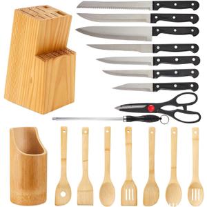 23 Pcs Kitchen Utensils Set, 15 Pcs High Carbon Stainless Steel Kitchen Knife and 8 Pieces Wooden Cooking Utensils Set, Easy to Clean, Suitable for Non-Stick Cookware