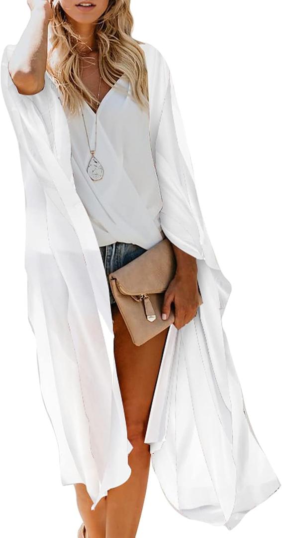 MayBuy Women's Summer Long Flowy Kimono Cardigans Boho Chiffon Beach Cover Up Tops (002 White), S