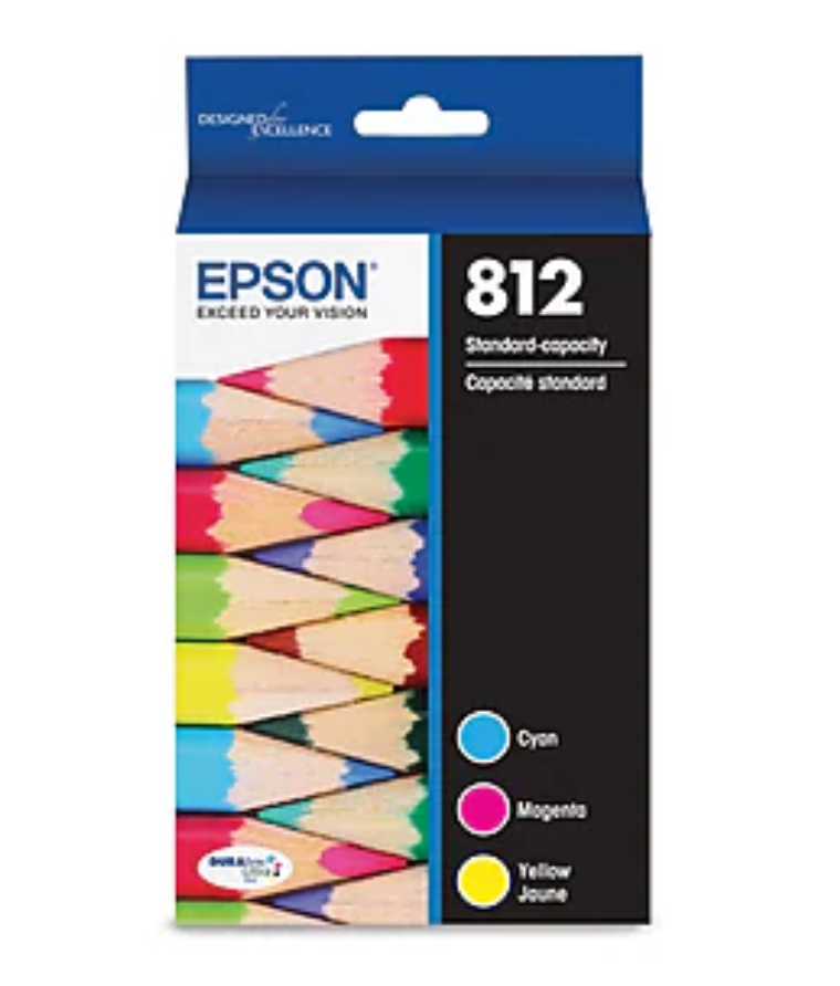 Epson T812 Cyan/Magenta/Yellow Standard Yield Ink Cartridge, 3/Pack