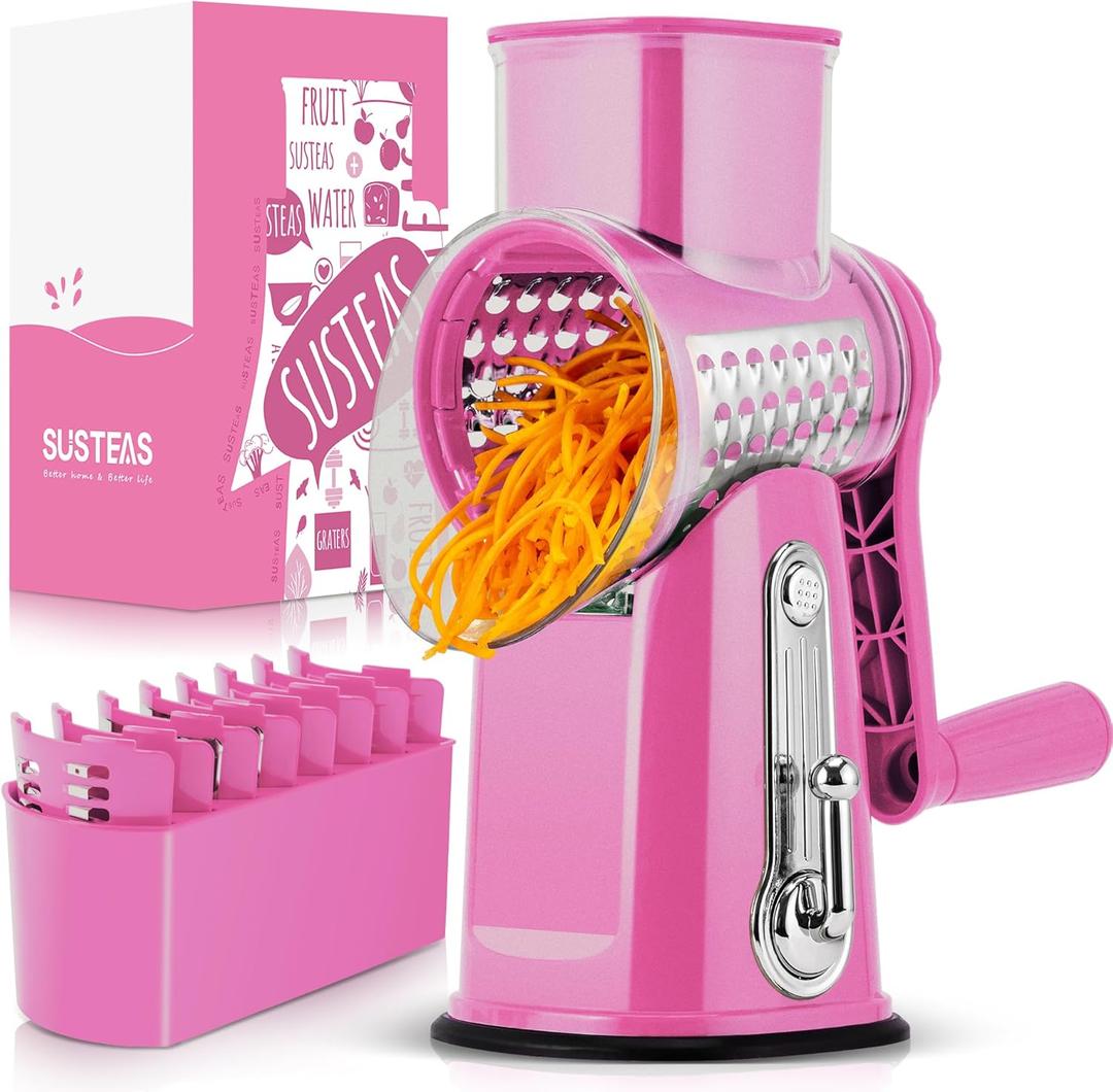 SUSTEAS Rotary Cheese Grater with Handle - Vegetable Shredder with 5 Well-designed Blades & Strong Suction Base,Round Mandoline Slicer & Food Chopper for Kitchen,with Blade Storage Box(Pink)