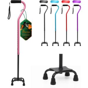 BeneCane Quad Cane Adjustable Walking Cane with Offset Soft Cushioned Handle for Men & Women Lightweight Comfortable with 4-Pronged feet for Extra Stability (pink)