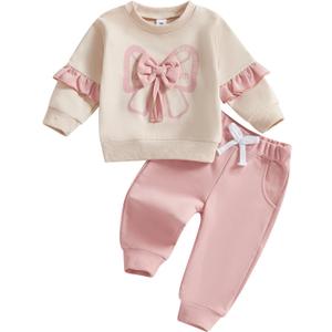 Kupretty Baby Girl Clothes Toddler Fall Winter Outfit Ruffles Crewneck Bow Pullover Sweatshirt + Joggers Pants Set (18-24 Months, Pink)