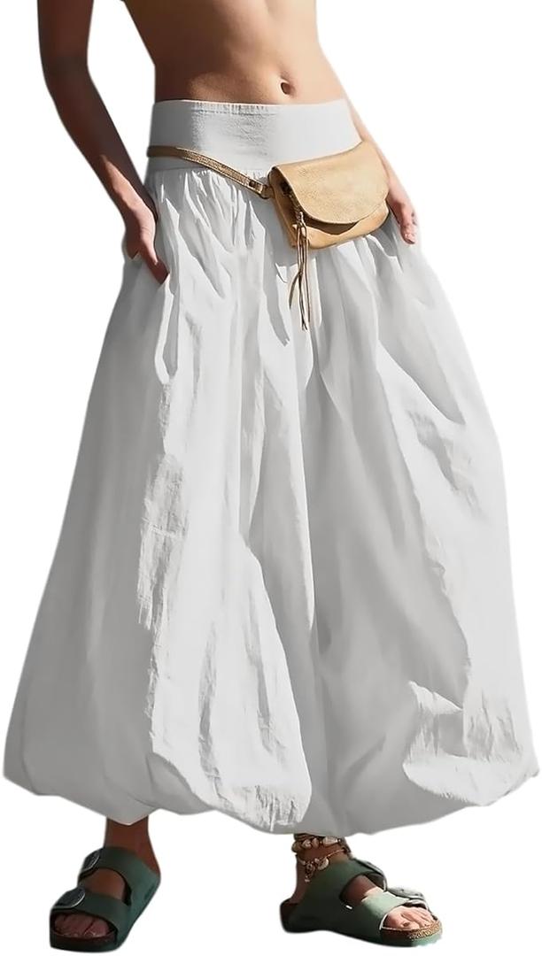 Sutusu Women Y2k Bubble Maxi Skirt Summer Elastic Low Waist A Line Long Skirt Casual Fairy Ruffle Pleated Midi Dress Beige, Large