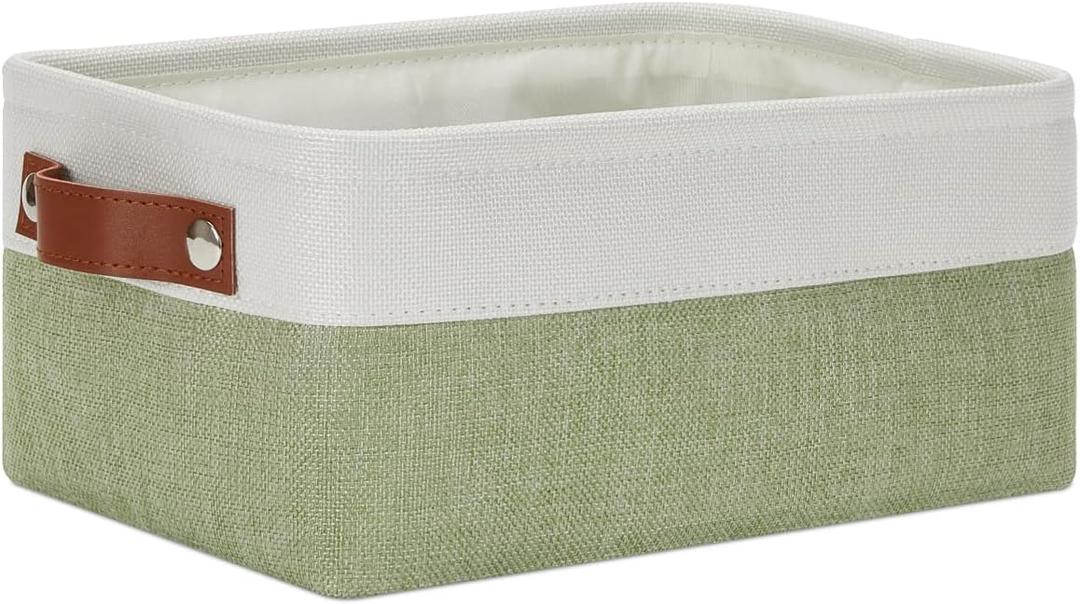DULLEMELO Small Storage Basket, Fabric Collapsible Gift Storage Basket for Shelves, Closets, Nursery, Home, Office Organizing, Small Canvas Linen Rectangular Storage Bin with Handles (White&Green) (Small-11.8"x7.9"x5.1")