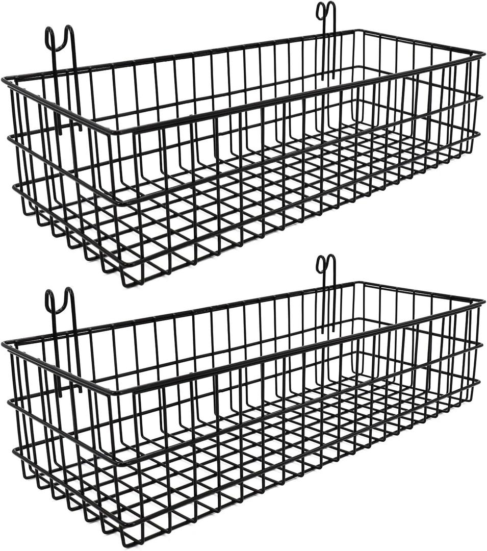 ANZOME 2 Pack Metal Hanging Wire Baskets with Hooks, Black Wire Wall Baskets for Grid Panel Organizer, Multi-Function Grid Wall Baskets for Kitchen Bathroom Storage Display Shelf, Home Decoration