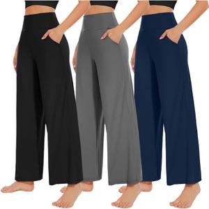 NEW YOUNG 3 Pack Women's Wide Leg Pants with Pockets High Waist Loose Sweatpants Casual Lounge Yoga Workout Palazzo (Large, Black,navy Blue,dark Grey)