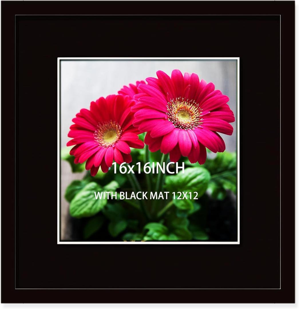 16x16 Picture Frame Black Solid Wood for Black Mat 12x12 Wall Mounting Square Poster Frames