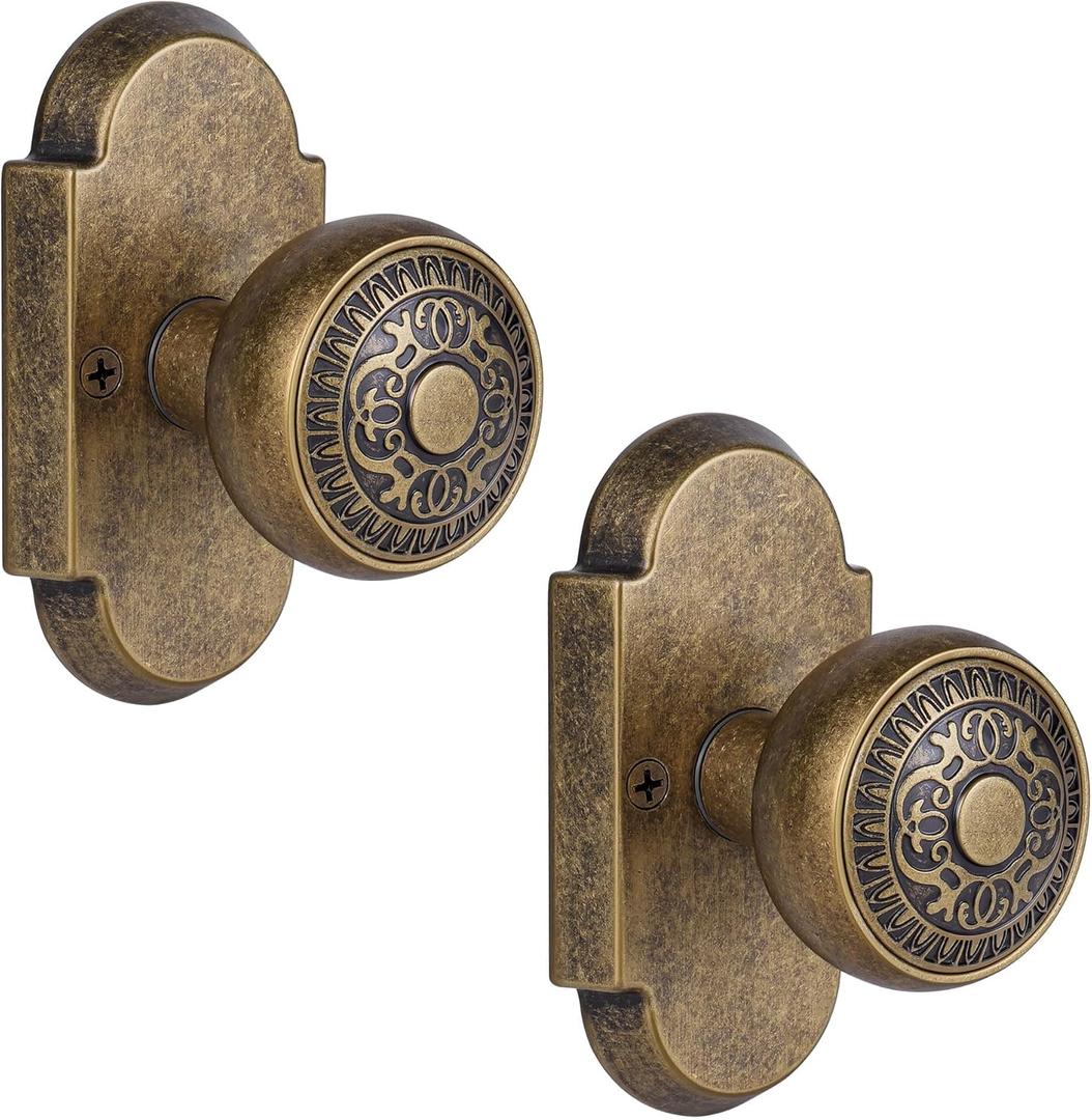 Antique Brass Door Knob, Vintage Dummy Door Knobs, Interior Dummy Door Handle for Closet, Pantry, and French Double Doors, Non-Turning Single Sided Handle, 2 Pack