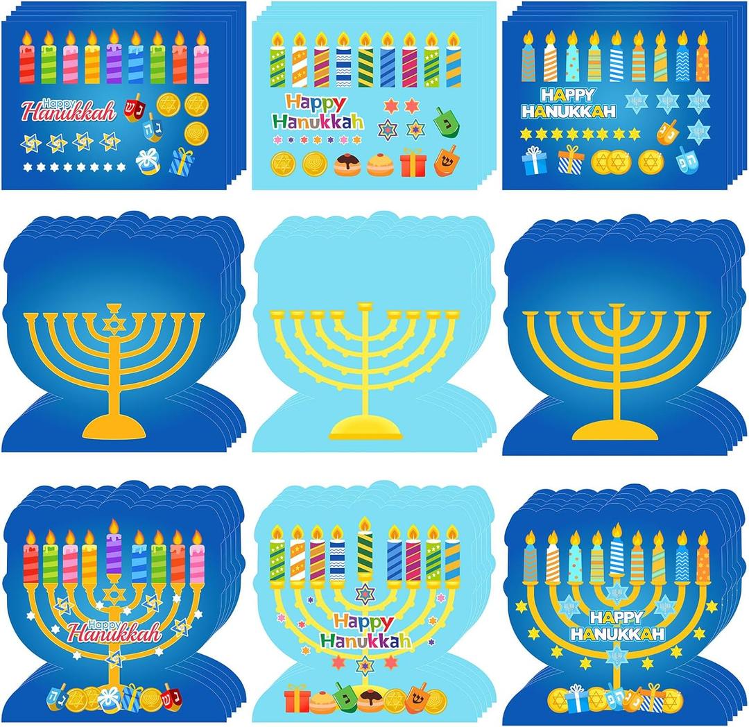 30 Pcs Hanukkah Crafts Make Your Own Hanukkah Menorah Craft Kit DIY Menorah Scene with Stickers for Boy Girls Activities Party Decoration Arts and Crafts, 15 Set