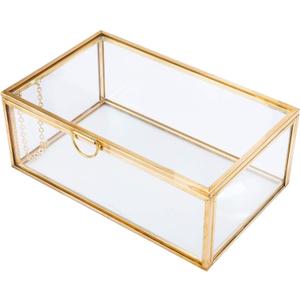 HighFree Vintage Glass Box with Lid - Clear Jewelry Glass Display Box Keepsake Box - Home Decor Decorative Box for Trinket Rings Bracelet (Gold, X-Small)