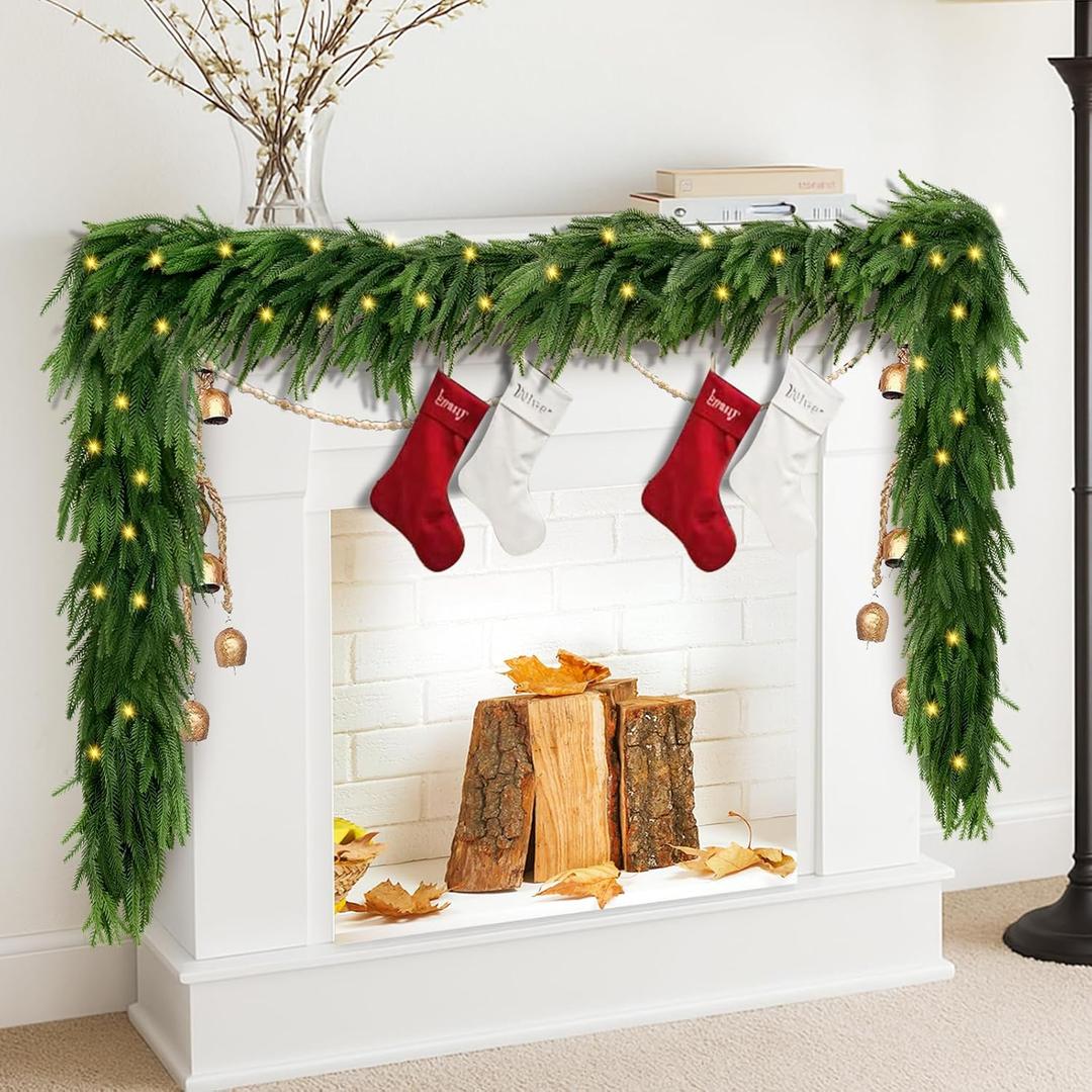 9 FT Artificial Norfolk Pine Garlands with Lights, Pre-Lit Christmas Garland, Real Touch Pine Artificial Faux Greenery Garland for Table, Mantle, Wall, Indoor, Outdoor Christmas Decorations