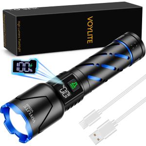 Rechargeable Flashlights High Lumens - 100000 LM, 5000mAh Battery with LCD Display, 3 Modes, Zoomable & IP67 Waterproof - for Camping, Dog Walking, Emergencies (Black)