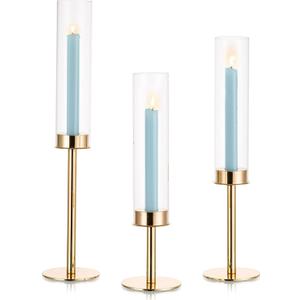 Gold Candle Holders for Candlesticks: Hurricane Taper Candle Holders with Removable Glass Tall Brass Candlestick Holders Candle Sticks Long Holder for Table Centerpiece Home 3Pcs