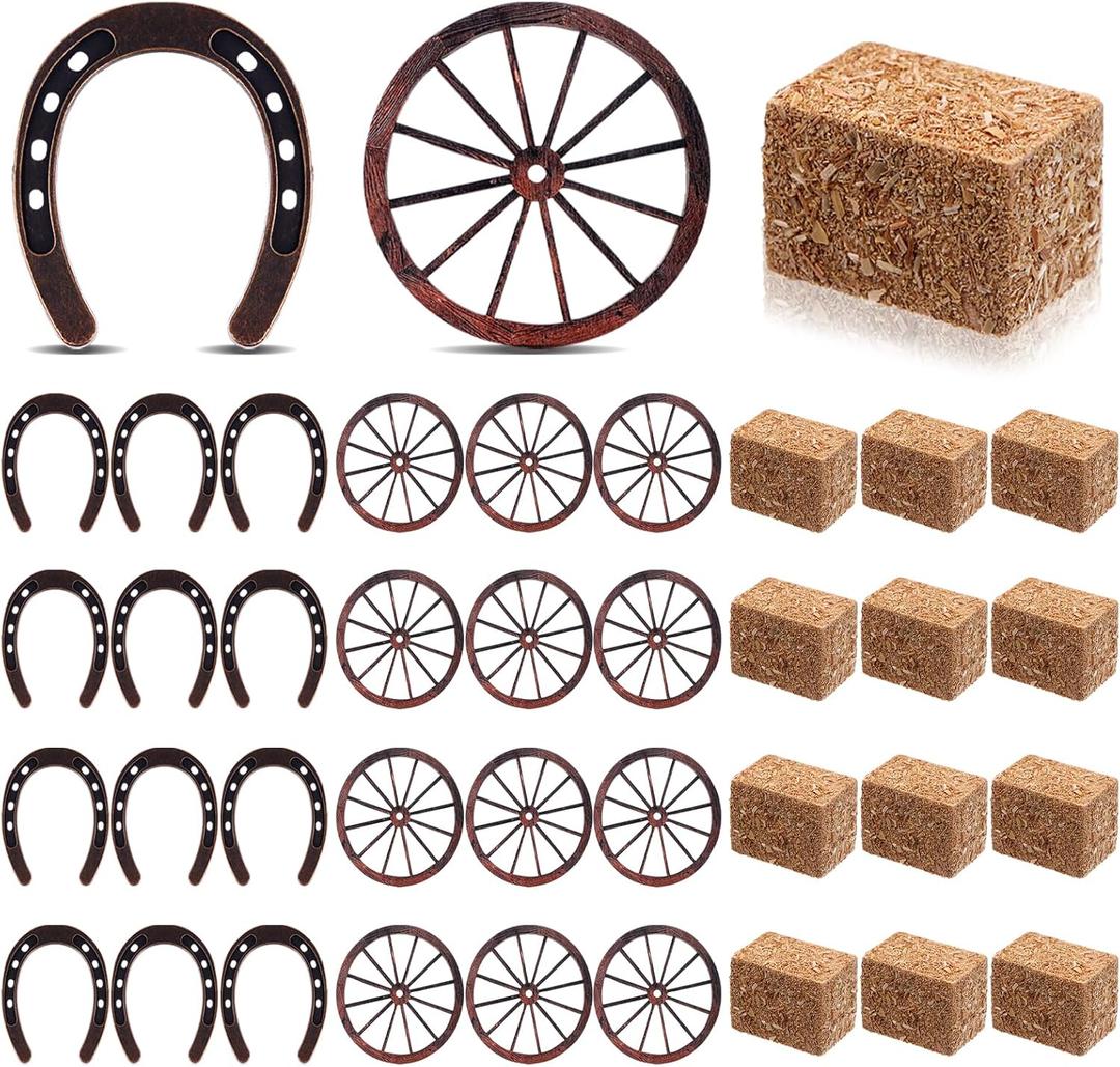 36 Pcs Western Party Decorations 12 Mini Hay Bales 12 Lucky Horseshoe 12 Wagon Wheel Cowboy Theme Party Supplies Vintage Rodeo Table Centerpieces Rustic for Country Wedding Birthday Party Craft