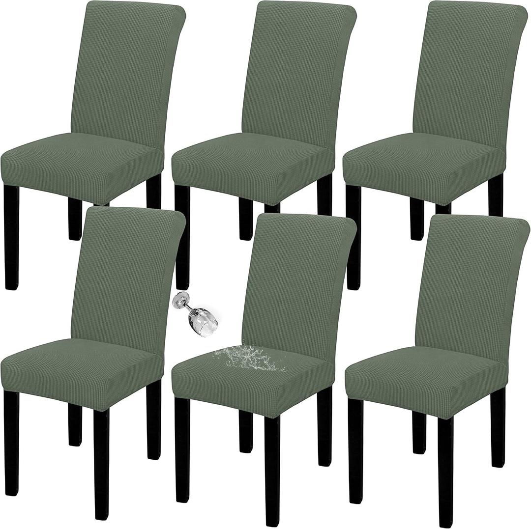 Easy-Going 100% Waterproof Dining Room Chair Cover Set of 6, Stretch Jacquard Parson Chair Slipcover Removable Washable Chair Protector for Home, Restaurant, Banquet (XLarge, Grayish Green)
