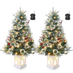 3 Ft Frosty Lighted Artificial Christmas Tree, Pre-Lit Mini Christmas Tree with 78 Dual-Color LED Lights, 8 Lighting Modes Tabletop Small Xmas Tree, Snowman Base for Home Office Party Holiday Decor,2p
