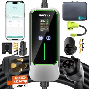 MUETUX Level 2 EV Charger (J1772 & Tesla, 40A, 240V, 25FT, 9.68kw) Home/Travel Portable Electric Vehicle Charging Station,Adjustable Current/Timing Delay，Equipped with Smart APP