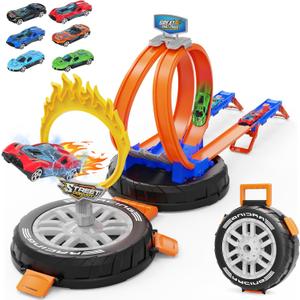 Toy Car Race Track Set for Kids Ages 4-8, Stunt Tire-Shaped Case Transforms into Race Course, 6 Cars in 1:64 Scale, 2 Ways to Play, Action Loop Cyclone Challenge & Speed Snap Track