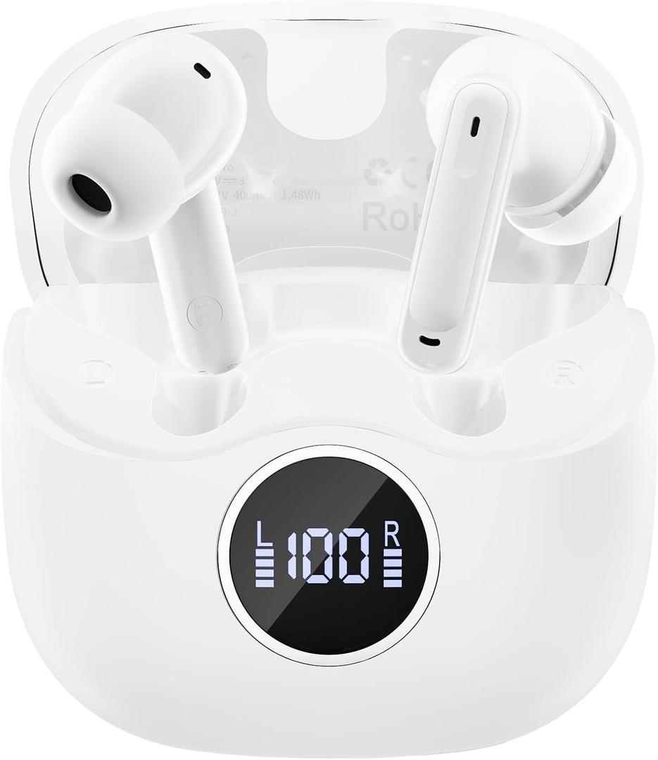 Adaptive Hybrid Active Noise Canceling 2026 Wireless Earbuds, 6 Mics ENC Clear Call Ear Buds, Hi-Res Audio Deep Bass Bluetooth 5.4 Headphones, 40H Playtime, LED, for Sports Running Gym Workout, White