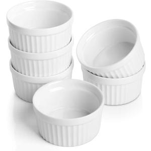 Porcelain Ramekins 4 oz Oven Safe, Small Souffle Dishes for Creme Brulee, Ice Cream, Dipping and Sauces Cup, Ceramic White Mini Baking Bowls Set of 6
