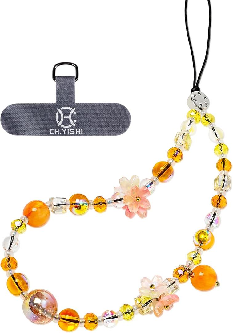 Handmade Flower Beaded Charm Cell Phone Camera Lanyard, Wrist Strap with Tether Tab,Phone Chain String, Keychain Decor for Wallet (Golden Tangerine Glow)