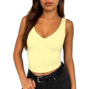 ForeFair WFloomen's Sleevelsee V Neck Crop Tank Top Summer Double Layer Going Out Workout Casual Basic Tops, XS