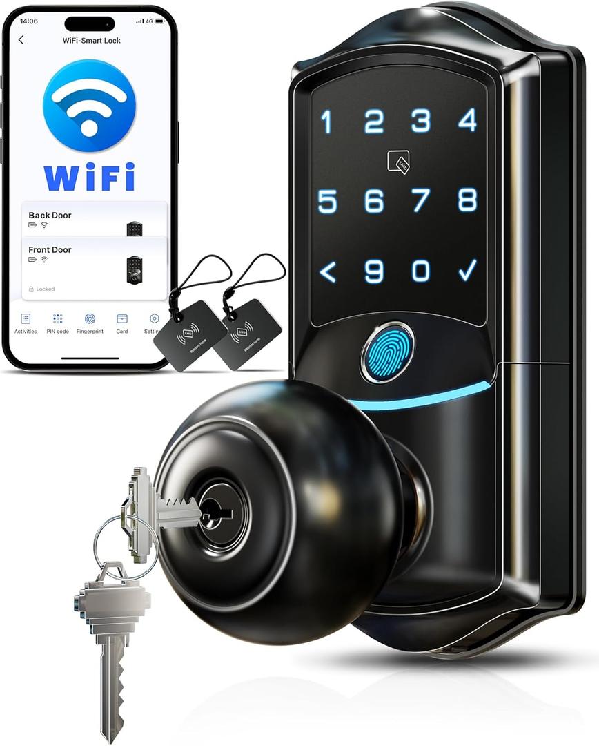 Veise VE028 Built-in Wi-Fi Smart Lock with Knob, Fingerprint Keyless Entry with Handle, App Remote & Voice Control, Electronic Digital Keypad for Front Door and Bedroom, IP65 Waterproof, Matte Black