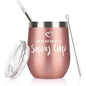 Qtencas Mommy's Sippy Cup Wine Tumbler with Lid, Mom Birthday Christmas Mother's Day Gift for Mom, 12oz Insulated Stainless Steel Wine Tumbler, Glitter