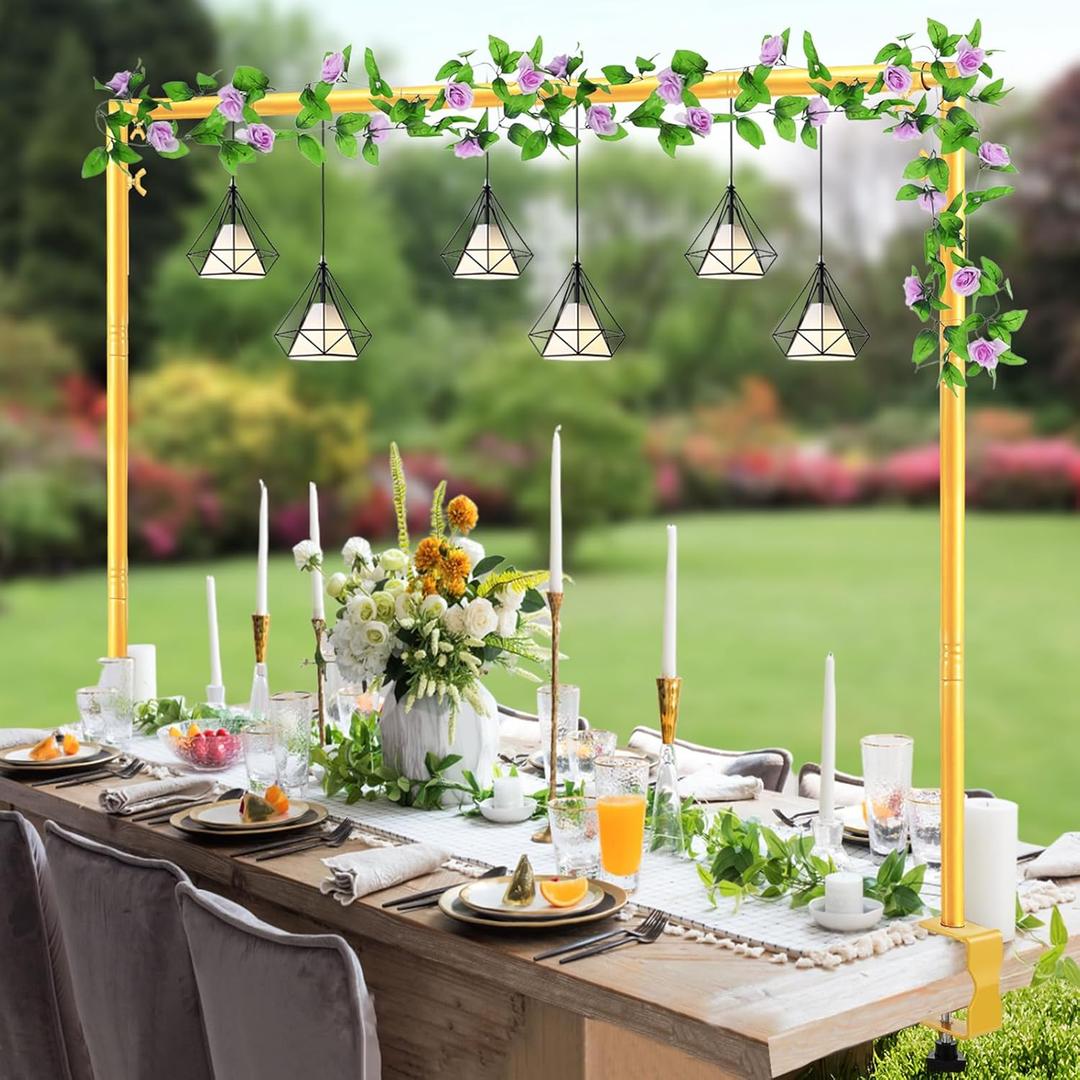 WellSign Over The Table Rod Stand with Clamps 31"-110" Length 31"-64" Height Adjustable Metal Table Hanging Decor Rod with Storage Bag for Gender Reveal Ceremony Party, Gold Table Balloon Arch Stand