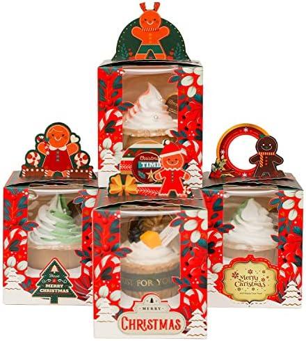 qiqee Christmas Individual Cupcake Boxes 50pcs Individual Cupcake Boxes with Window 3.7" 3.7"*4.5" Cupcake Box for Christmas