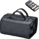 Travel Toiletry Makeup Bag PU Leather 4 Clear Detachable, Roll up Hanging Makeup Bag Leather, Multi Compartment Leather Waterproof Foldable Elegant Cosmetic Bag Detachable, Black