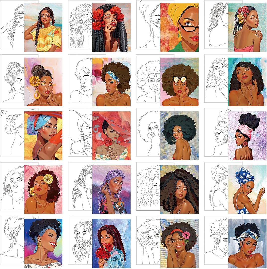 Sherr 20 Pcs Black History Month Pre Drawn Canvas African American Canvas to Paint Afro Queen Black Art for Painting for Adults Outline Pre Drawn Stretched Cotton Art to Paint Party Set, 8 x 10'