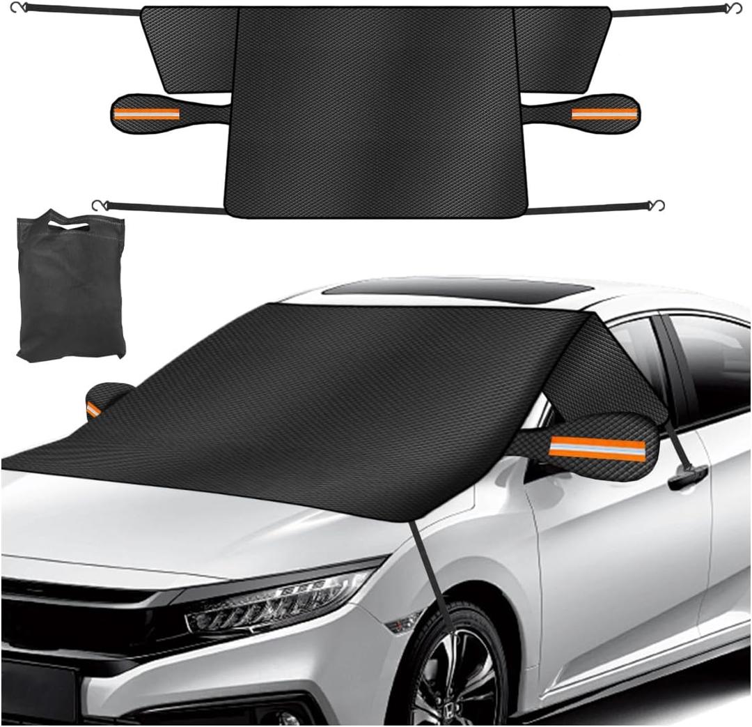 Car Windshield Ice Snow Cover with Magnetic Edges, Heavy Duty Oxford Fabric Windscreen Protector Cover with Side Mirror Covers, Winter Waterproof Frost Cover for Car Truck SUV RV (Orange)