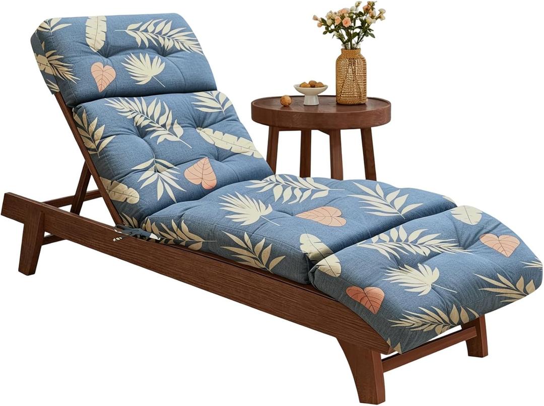 EverPine Outdoor Chaise Lounge Chair Cushion 74.4 x 22.8 x 4.7 Inch, Patio Lounge Chair Replacement Cushion with Ties, Thick Cotton Pool Recliner Cushion for Outdoor Furniture (Blue Leaves)