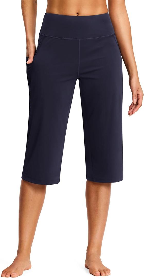 ISEEGZ 15"/ 18"/ 21"/ 25" Capri Pants for Women High Waist with Pockets Women's Capris Workout Yoga Pants Loose Straight Leg (Blue, XXL)