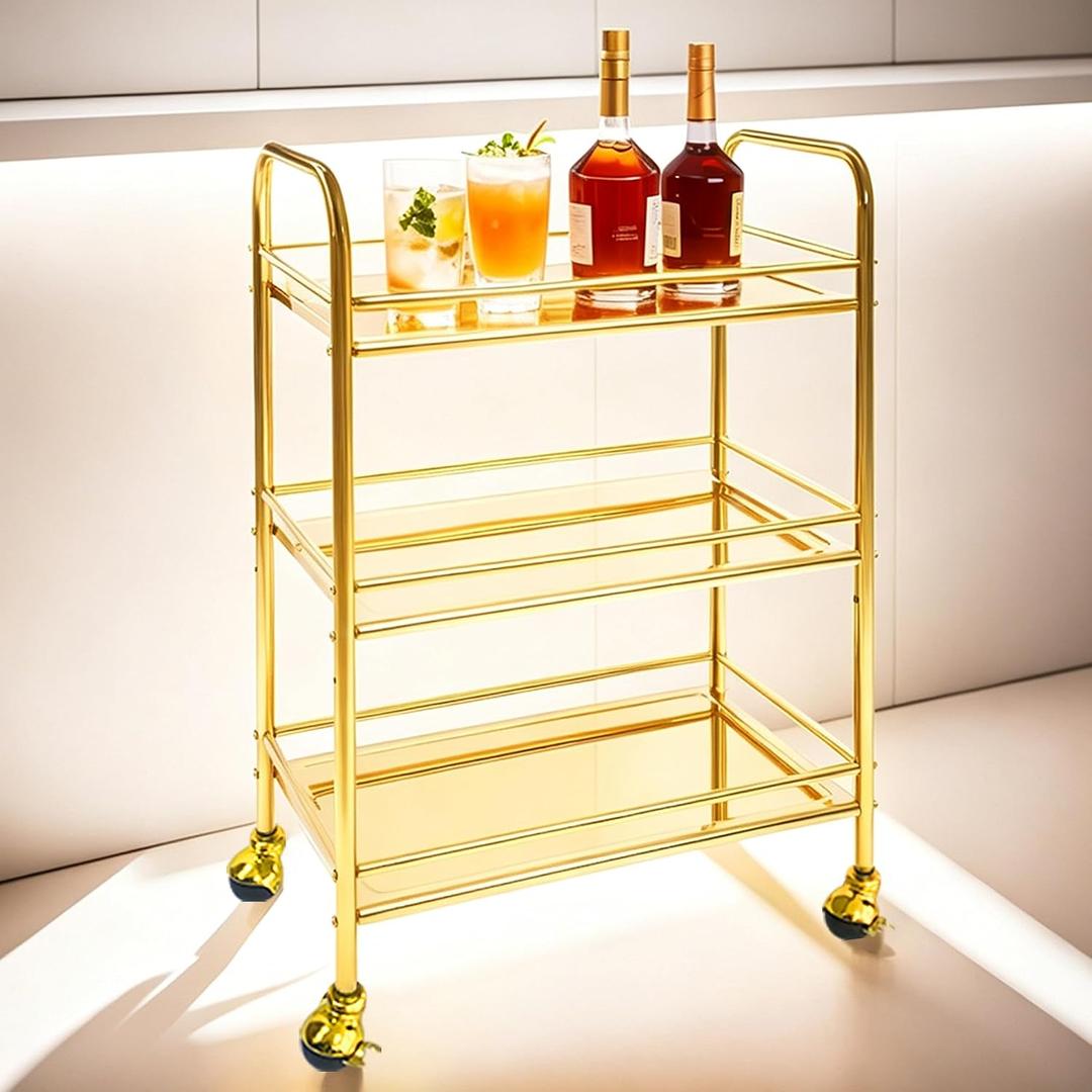 susunnus 3-Tier Gold Stainless Steel Bar Cart with Lockable Wheels,Home bar