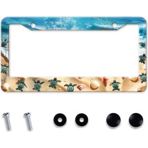 Cute Beach Turtles License Plate Frame, Sea Turtles Sea Shell Starfish Front License Plate Holder Cover, Metal Aluminum Rustproof Car Accessories for Women Men 2 Holes with Screw Caps