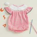YolanerBaby 4th of July Baby Girl Outfit Flag Embroidery Smocked Bubble Romper Ruffle Bodysuit Cute Summer Clothes (Red Plaid, 0-3 Months)