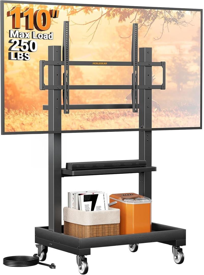 Perlegear Rolling TV Stand for 32-110 TVs up to 250 lbs, Outdoor TV Stand with Large Wheels, Handle & Power Outlet, Height Adjustable Mobile TV Cart with Wood Shelf, Max VESA 800x600mm, PGTVMC24B