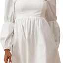 EXLURA Womens 2026 Square Neck Dress Long Puff Sleeve A-Line Casual Short Mini Dresses (White, M)