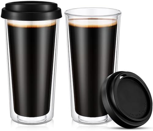 Honeydak 2 Pack 16 oz Double Walled Glass Coffee Mugs with Silicone Lids Clear Insulated Drinking Cups Reusable Glass Iced Coffee Cups for Home Office and Travel